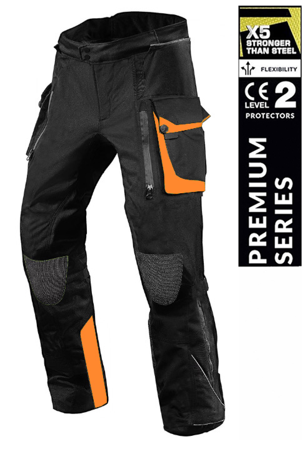 PREMIUM DYNATECH ORANGE/BLACK KEVLAR 17092:2020 WATERPROOF MC ALLVÄDERSBYXA